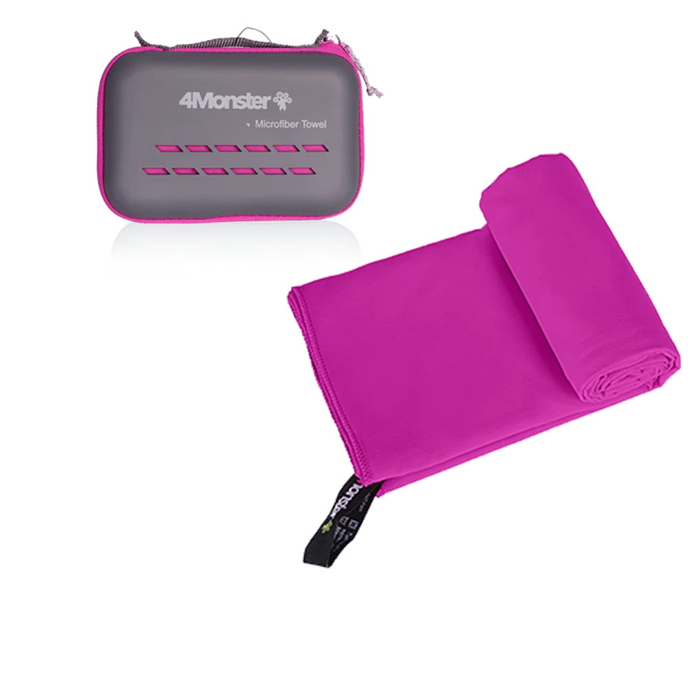 Pink microfibre towel with carry case, lightweight quick dry gym towel