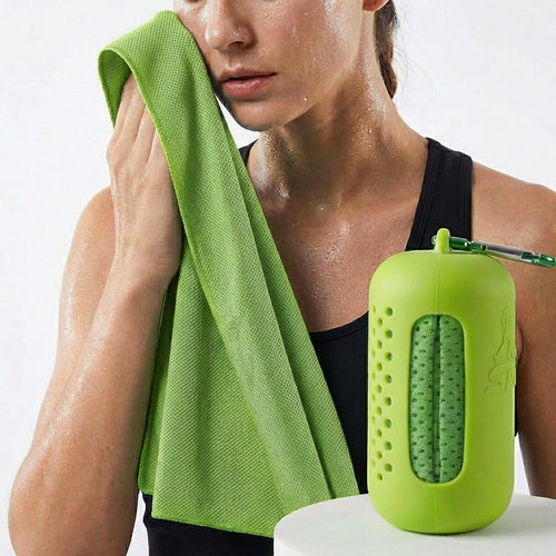 Woman holding cooling microfibre towel with portable silicone case, instant cooling sports towel