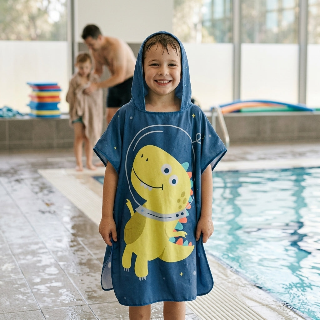 kids towel poncho dinosaur design poolside quick dry microfibre towel children