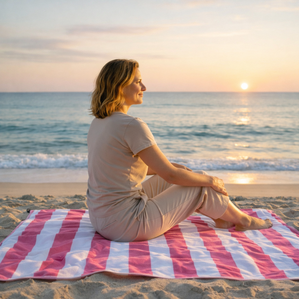 woman relaxing on striped beach towel sunset seaside towel