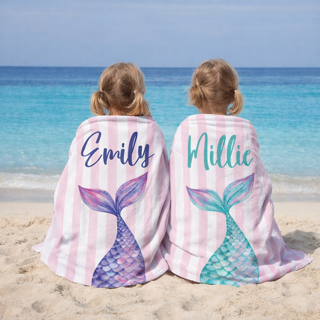 kids personalised mermaid towel beach lifestyle custom name towel