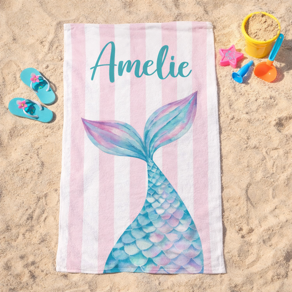 personalised mermaid towel beach sand custom name summer towel