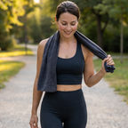 woman holding microfibre sports towel outdoor fitness quick dry towel