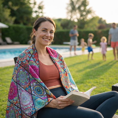 woman sitting park using velvet microfibre towel lifestyle use
