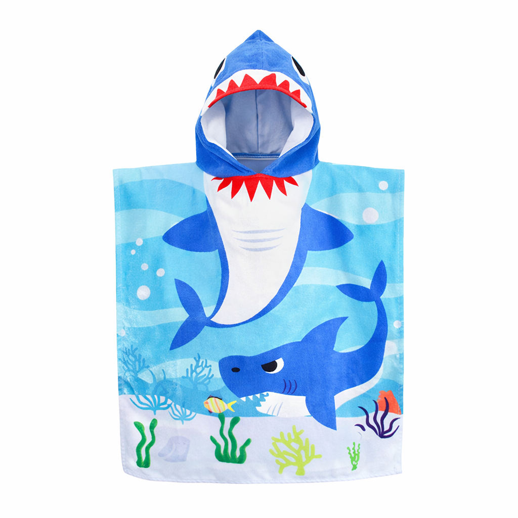 kids hooded towel blue shark cartoon beach towel for children