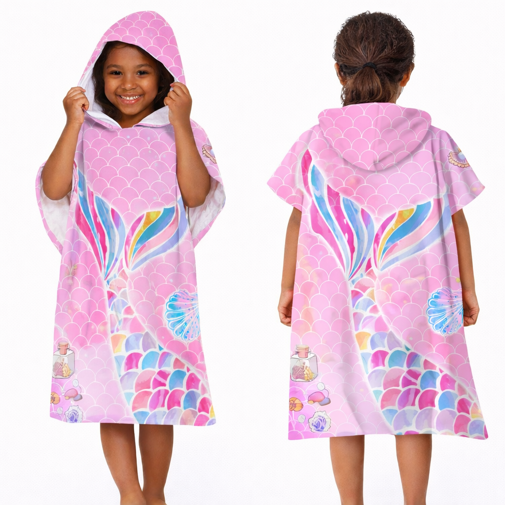 kids hooded poncho towel front and back view cartoon design