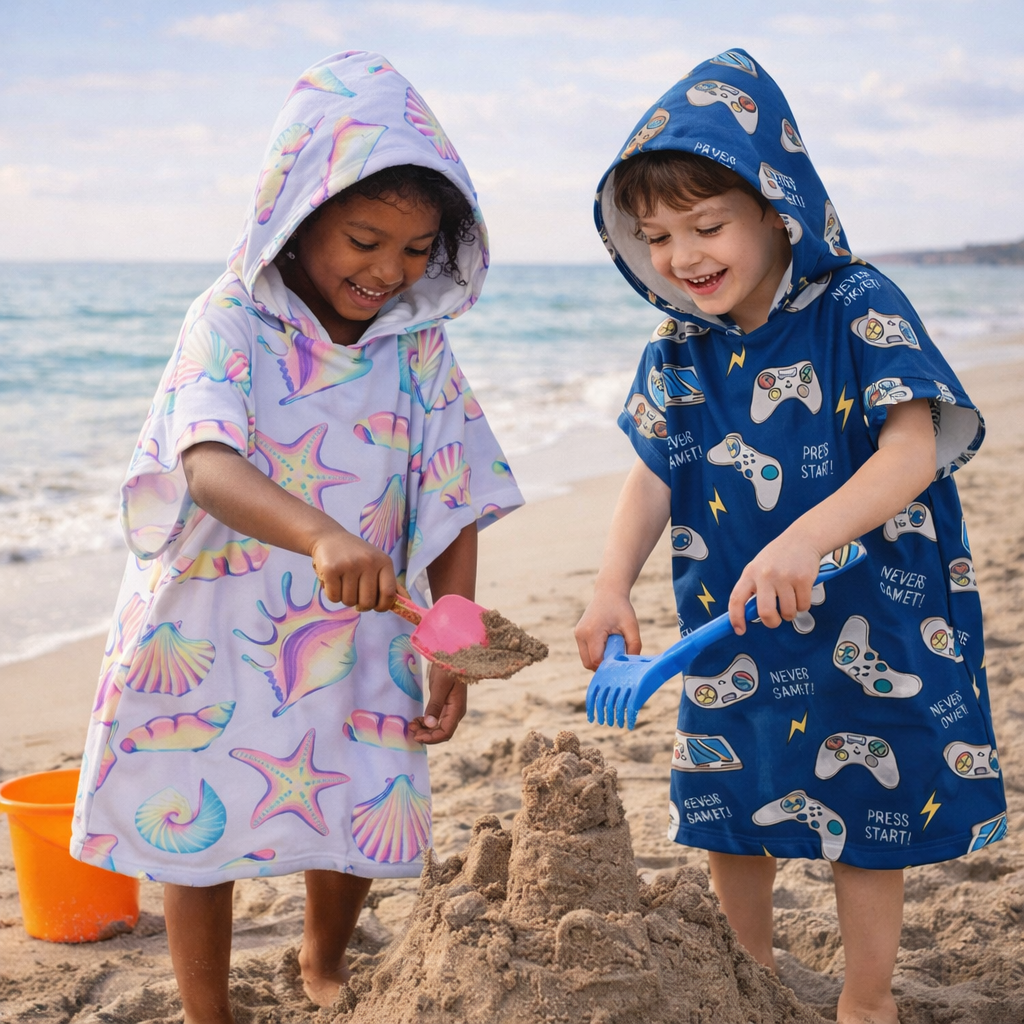 kids hooded poncho towel beach kids playing seaside towel