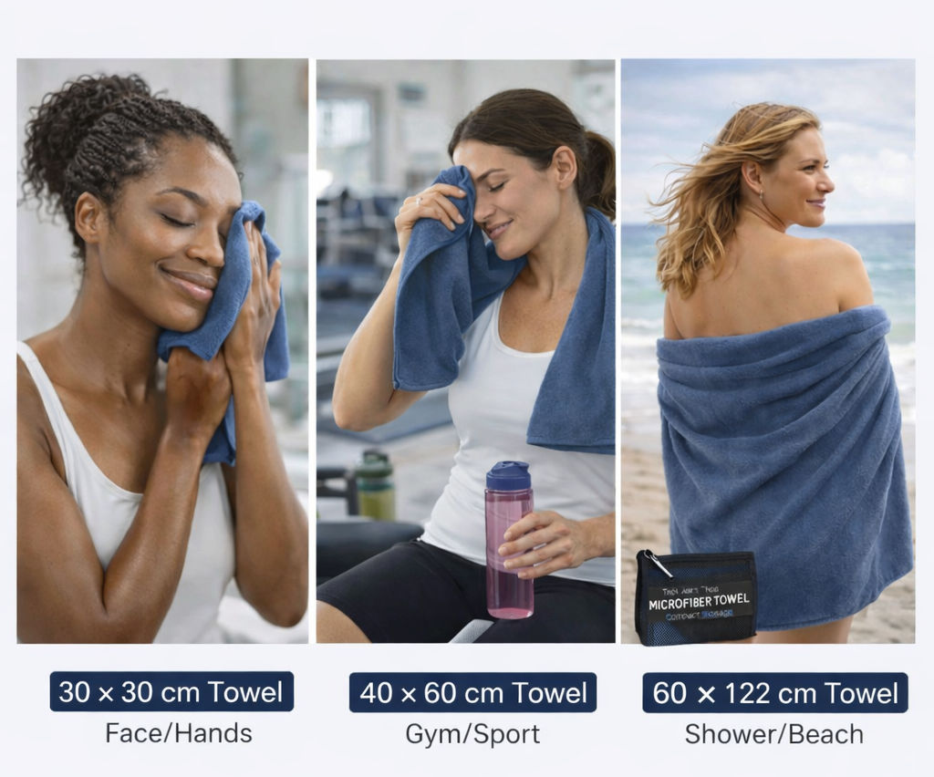 woman using microfibre towel after shower quick dry towel use