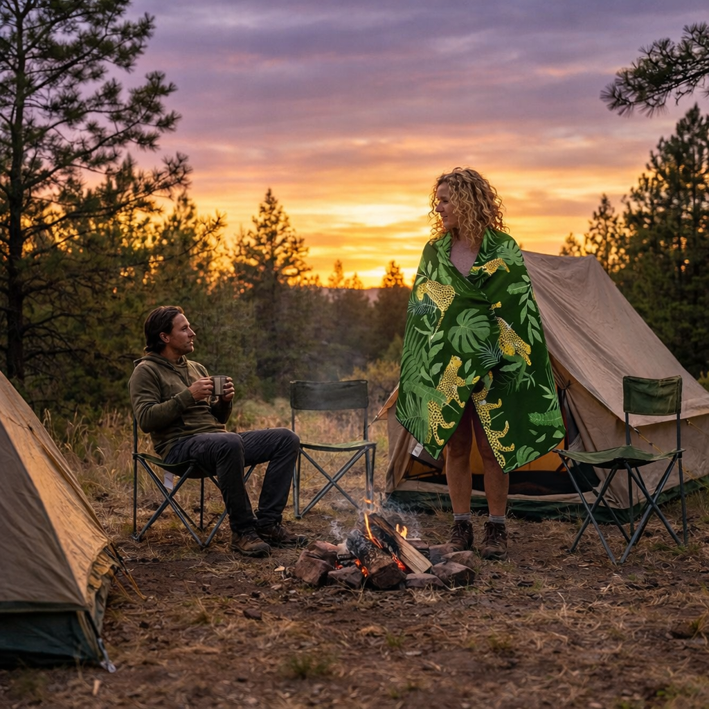 Person wrapped in rainforest microfibre towel at sunset campsite, quick dry outdoor travel towel