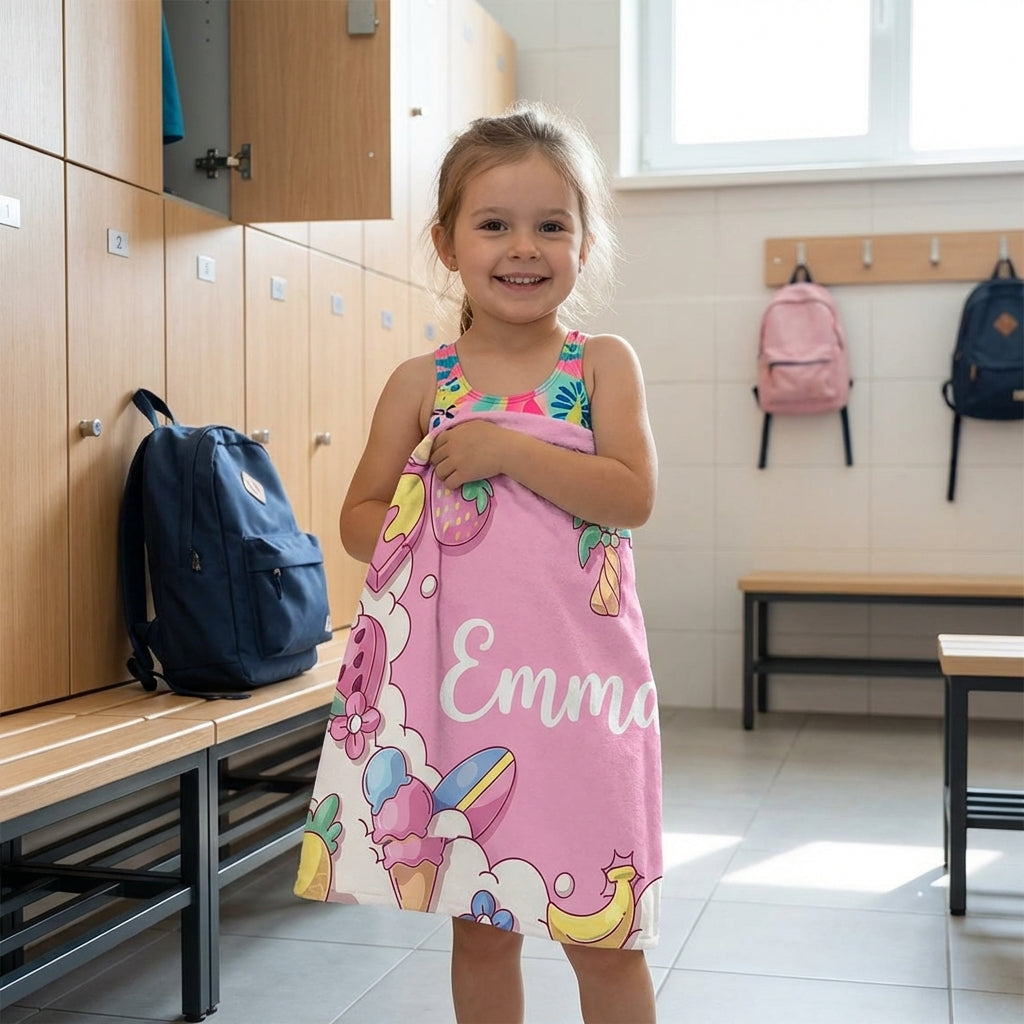 Child holding personalised microfibre towel in locker room, school swim towel with custom name