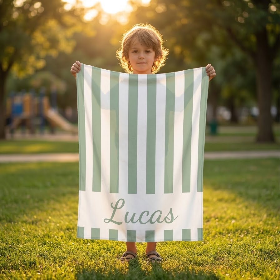 Child holding personalised striped beach towel with name, custom microfibre towel for kids