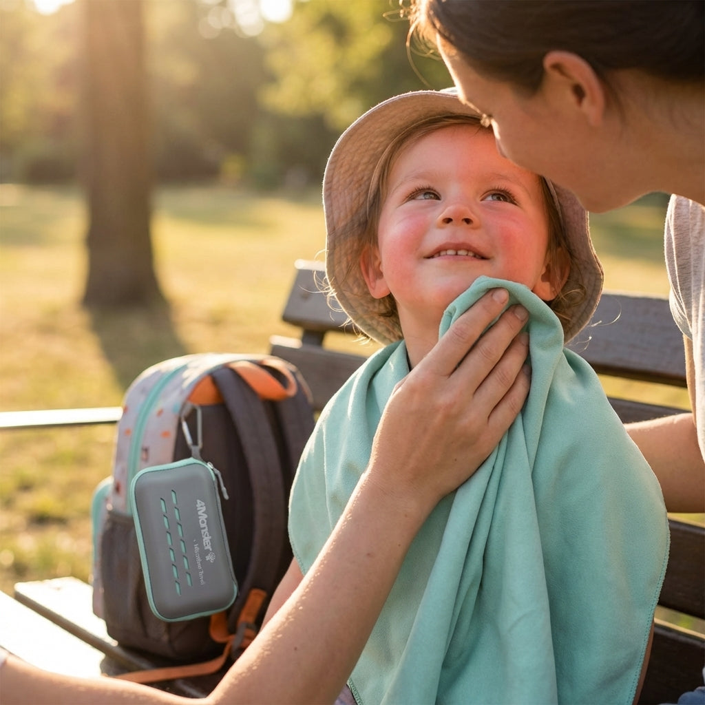 Parent drying child with microfibre towel outdoors, soft quick dry antibacterial towel