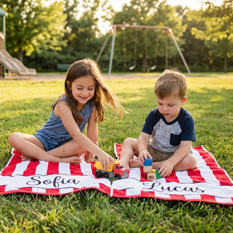 Family using personalised beach towel outdoors, custom name striped microfibre towel