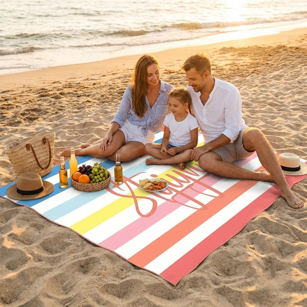 Couple relaxing on beach towels with striped microfibre design, quick dry beach towel