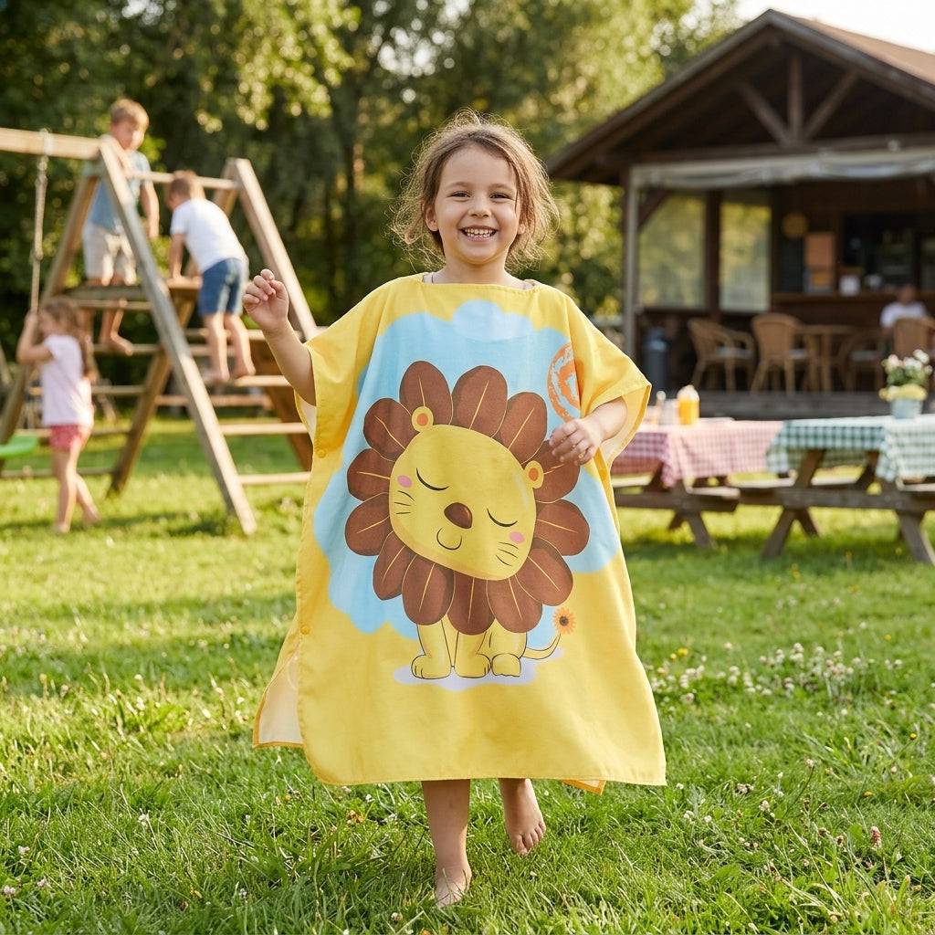 kids hooded towel poncho lion design outdoor use quick dry microfibre towel children