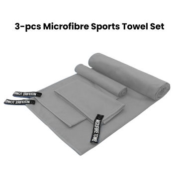 3-Piece Light Grey Microfibre Quick-Dry Towel Set with Bag | Ideal for Travel, Gym & Beach