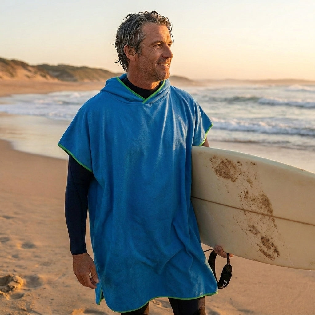 Diep Oceaanblauwe BeachFlow poncho met capuchon voor surf en strand