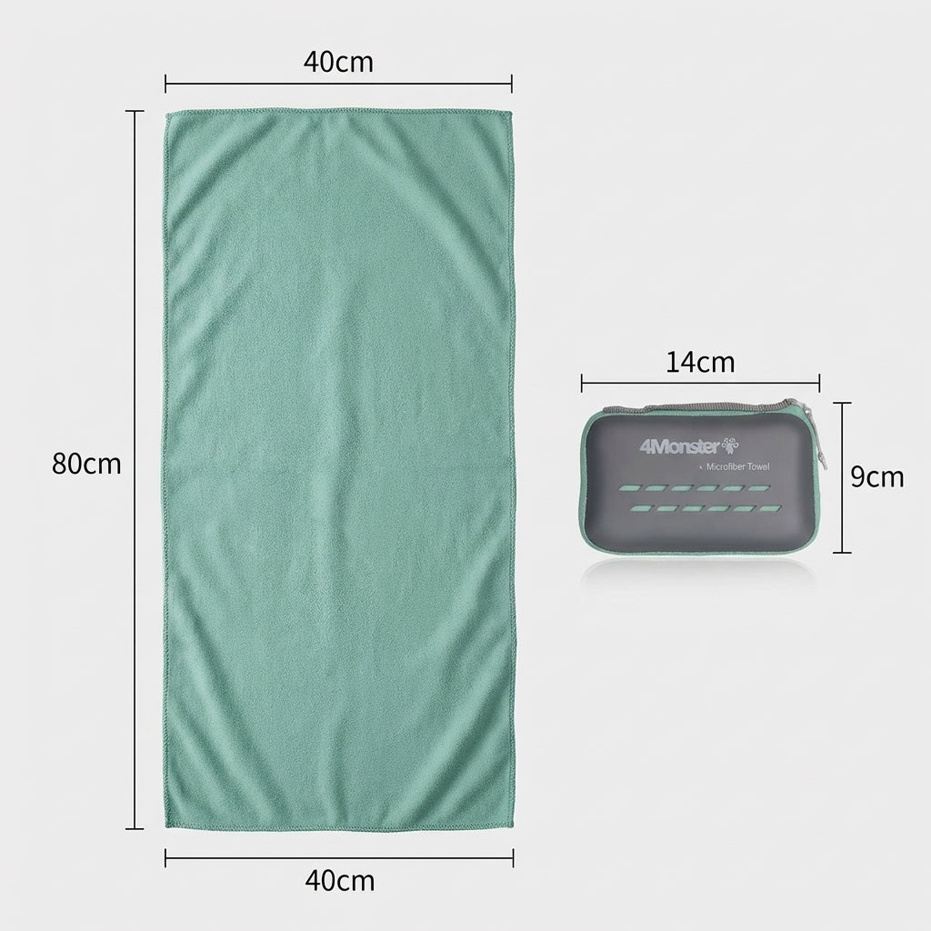 Microfibre towel size comparison 40x80 cm with compact carry case dimensions
