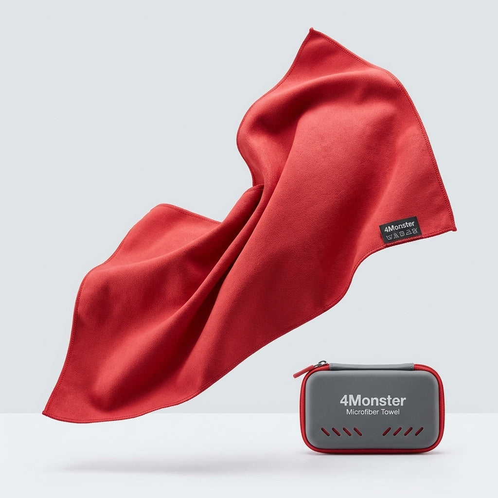 Red microfibre gym towel with compact storage case, quick dry antibacterial sports towel