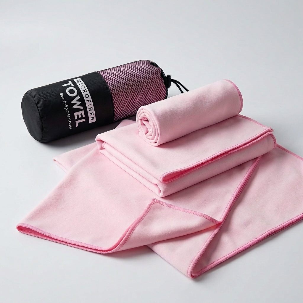 3-piece microfibre towel set in pink with storage pouch, quick dry travel and gym towels