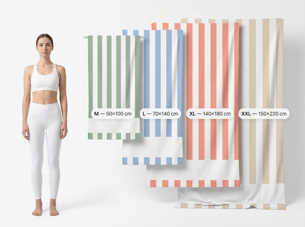 Personalised striped beach towel size comparison showing full body coverage