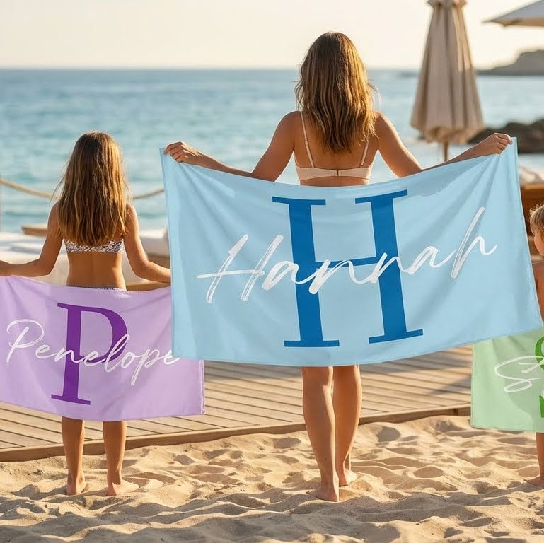 personalised microfibre beach towels with large letters and custom names