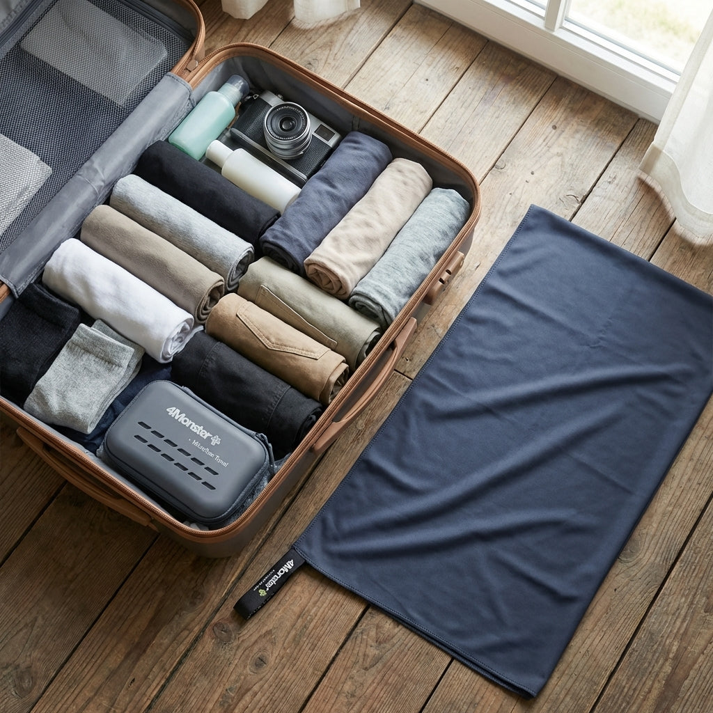 Packing microfibre towel into backpack, compact lightweight travel gym towel