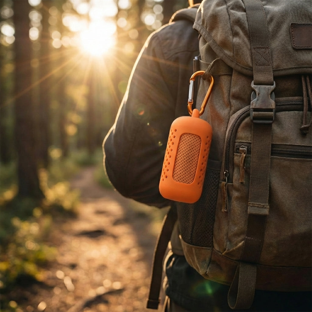 Cooling towel attached to backpack with silicone case, portable outdoor cooling towel