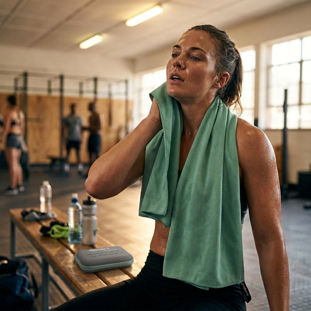 Woman at gym using microfibre towel after workout, quick dry anti odour fitness towel