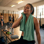 Woman at gym using microfibre towel after workout, quick dry anti odour fitness towel
