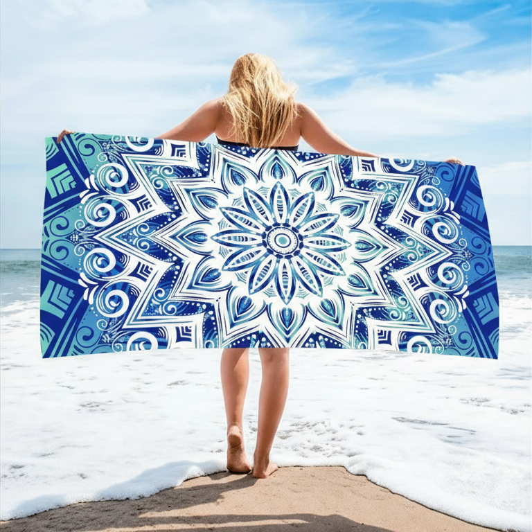 large mandala microfibre towel full size beach towel lightweight travel towel blue design