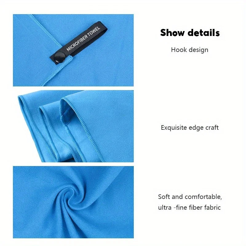 Close-up details of the Royal Blue microfibre towel, highlighting the durable quick-snap hanging loop, reinforced edge stitching, and smooth, lint-free fabric.