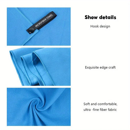 Close-up details of the Royal Blue microfibre towel, highlighting the durable quick-snap hanging loop, reinforced edge stitching, and smooth, lint-free fabric.