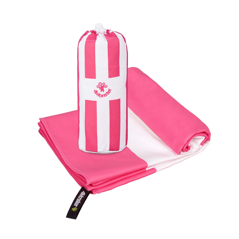pink striped beach towel with carry strap microfibre towel