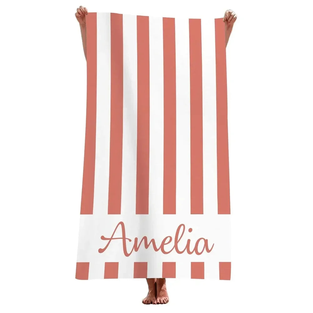 Personalised Striped Microfibre Beach Towel - Coral Orange Stripes