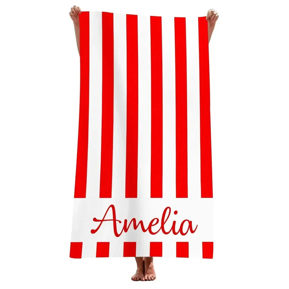 red striped personalised microfibre beach towel with name