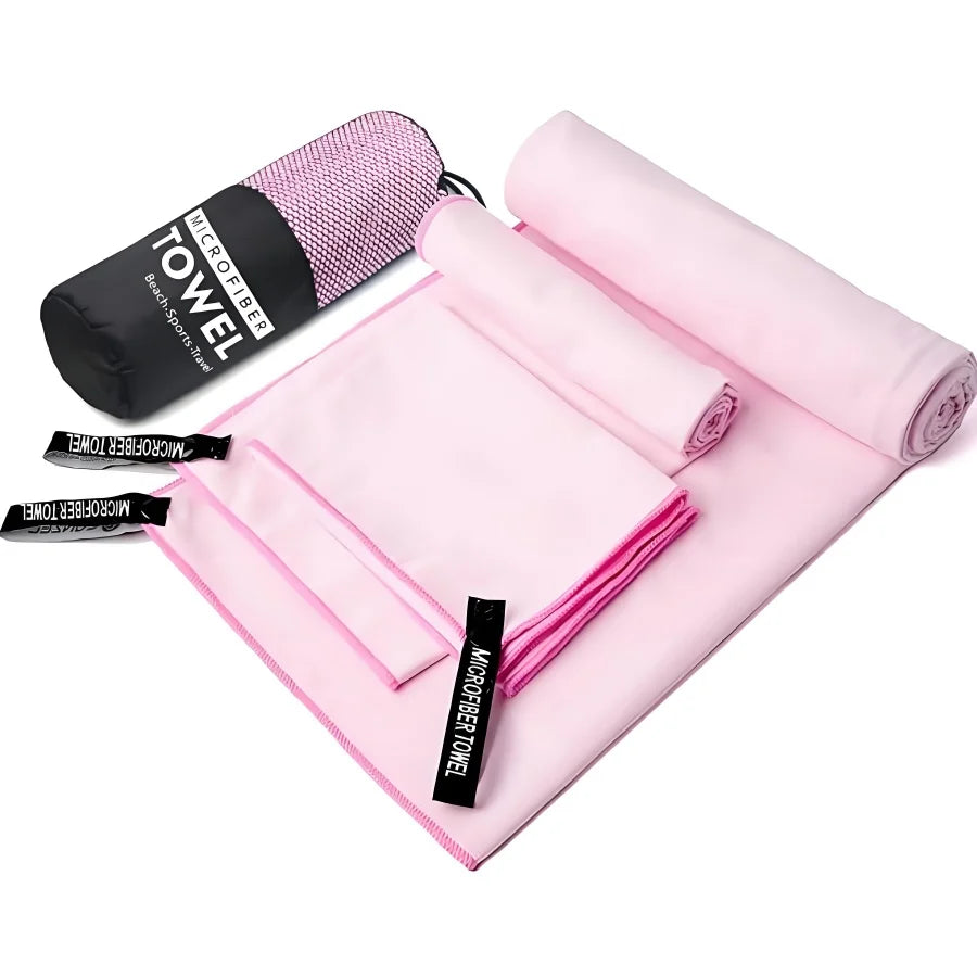 Pink microfibre towel set with pouch, soft quick dry travel towel set