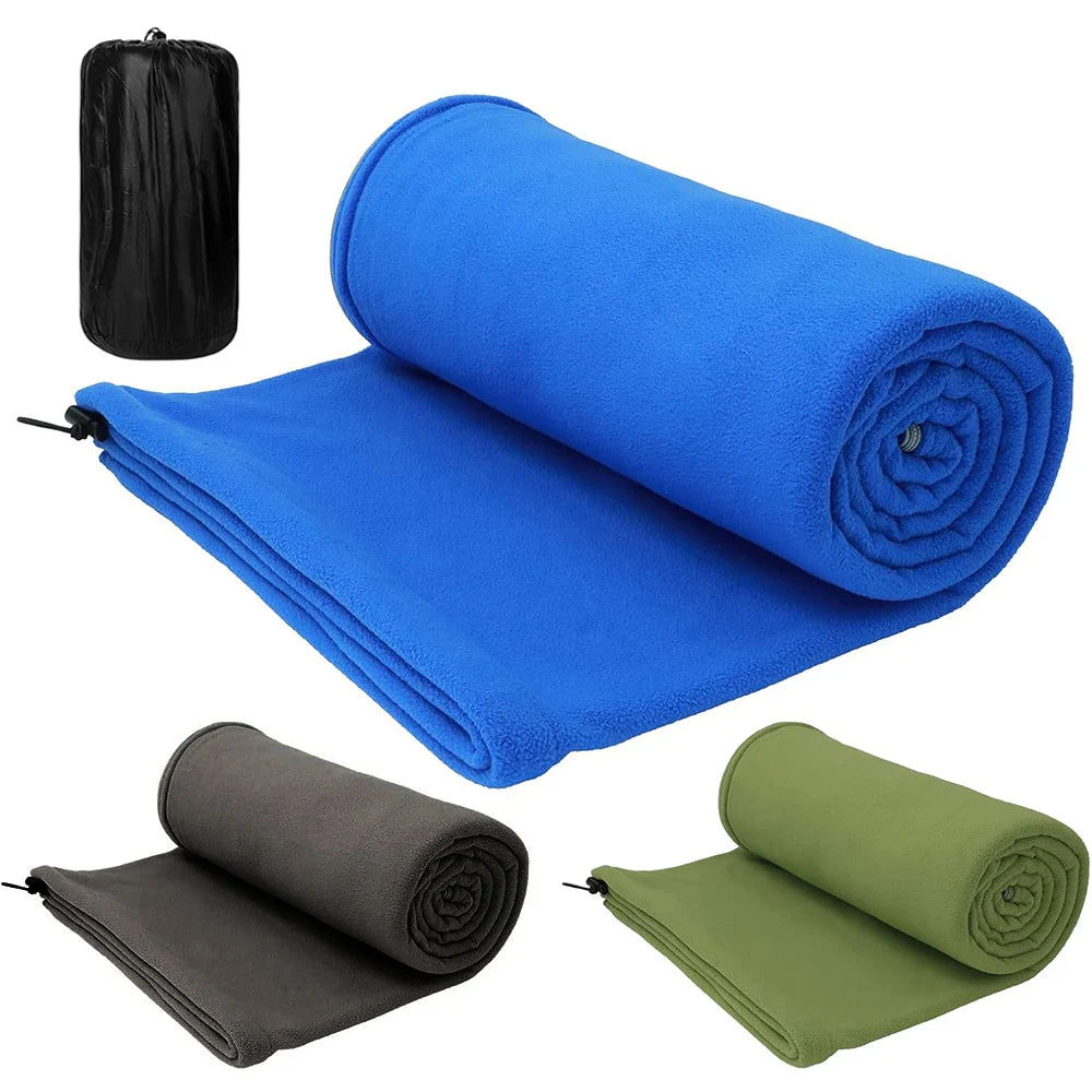 blue microfiber sleeping bag liner with storage pouch