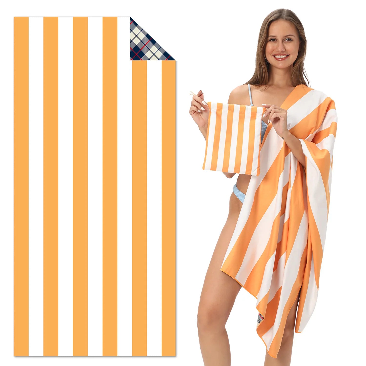 Orange striped microfibre beach towel oversized, sand resistant quick dry towel