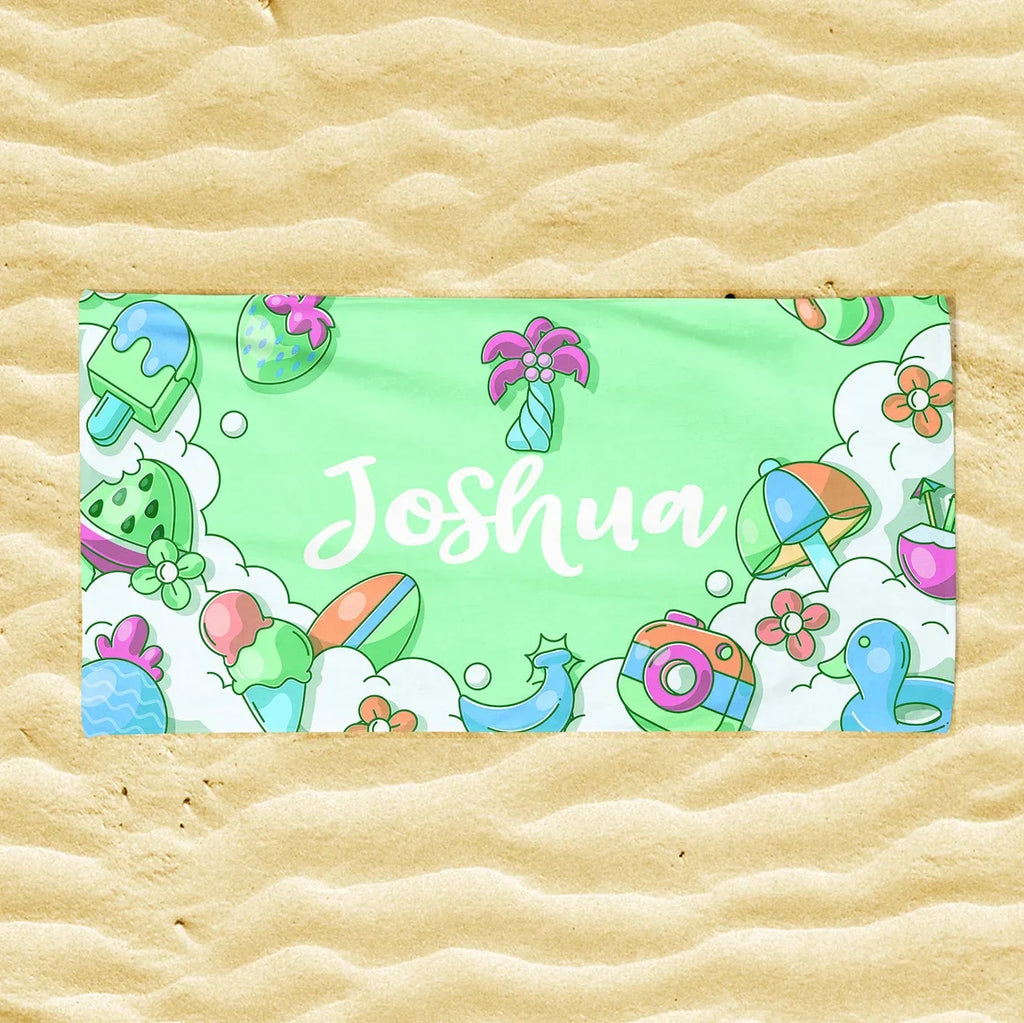 Close up of personalised name on kids microfibre towel showing custom embroidery detail