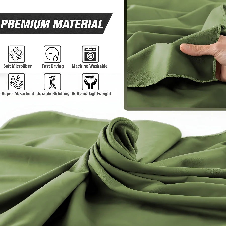 Microfibre towel features showing premium material, quick dry and sand resistant fabric