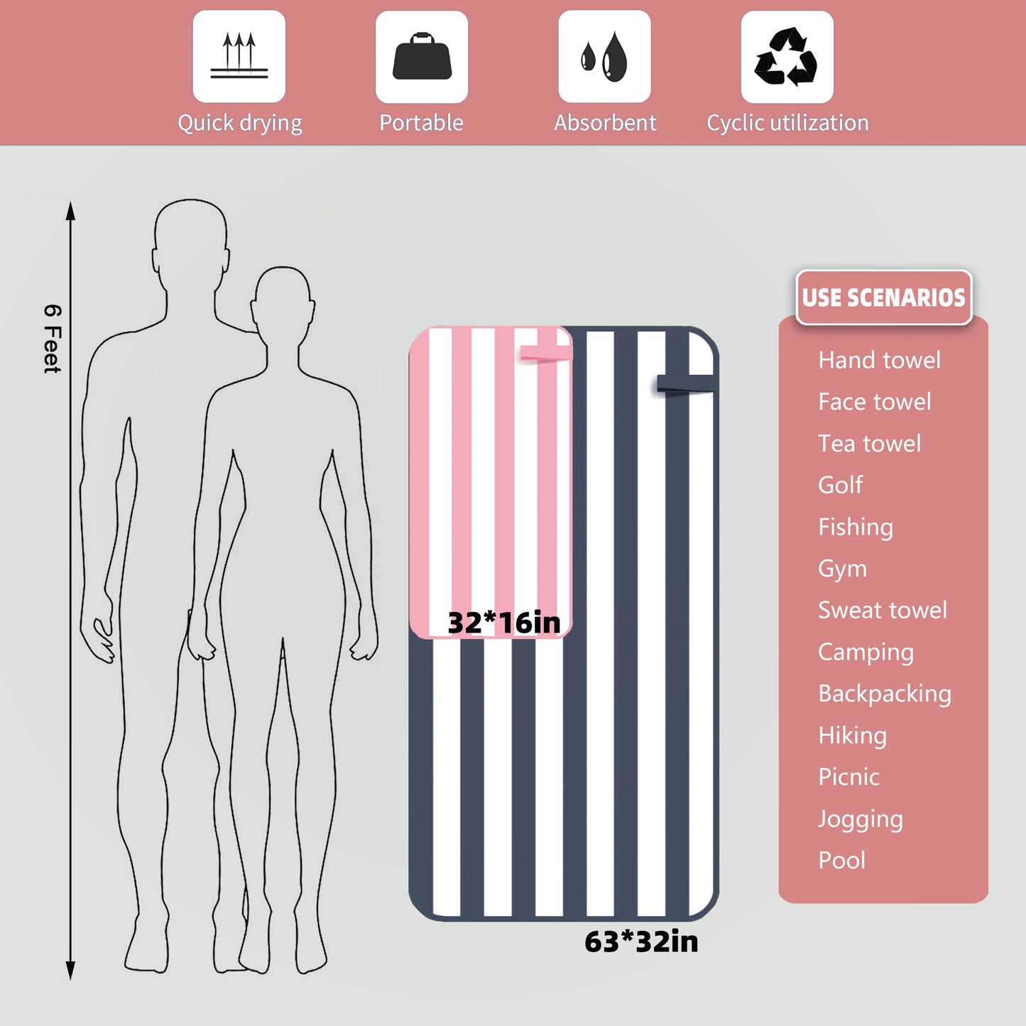 2-Piece Striped Microfibre Quick-Dry Towel