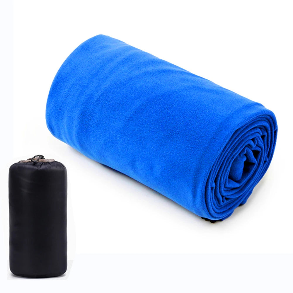 blue microfiber sleeping bag liner with travel pouch