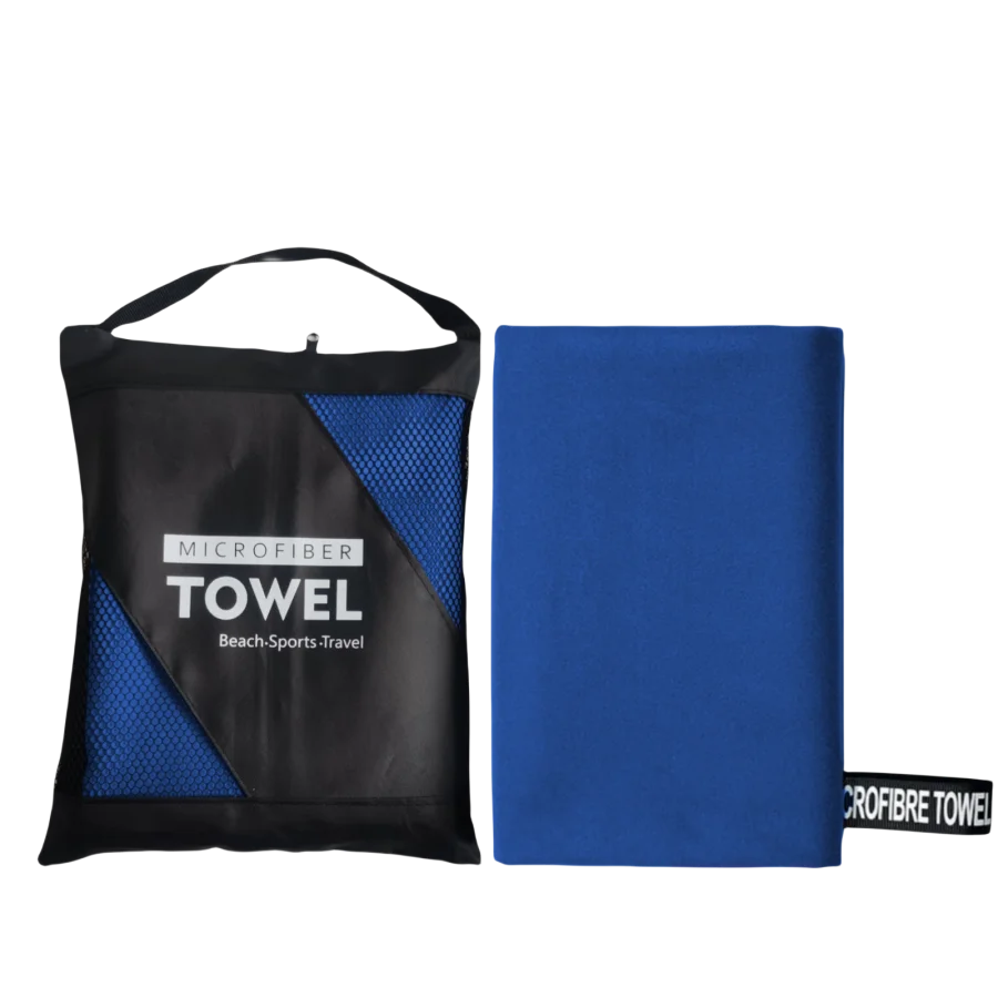 Bright blue oversized microfibre beach towel with bag, fast drying sand resistant towel