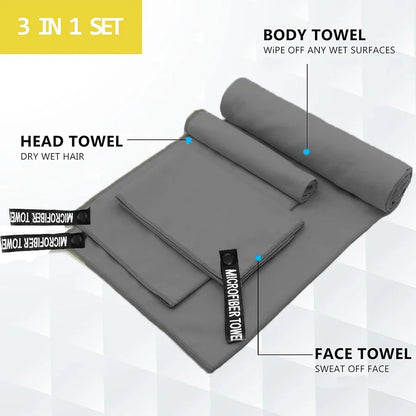 Informative flat lay of the Dark Grey 3-in-1 microfibre towel set, with labels indicating the face, head, and body towels.