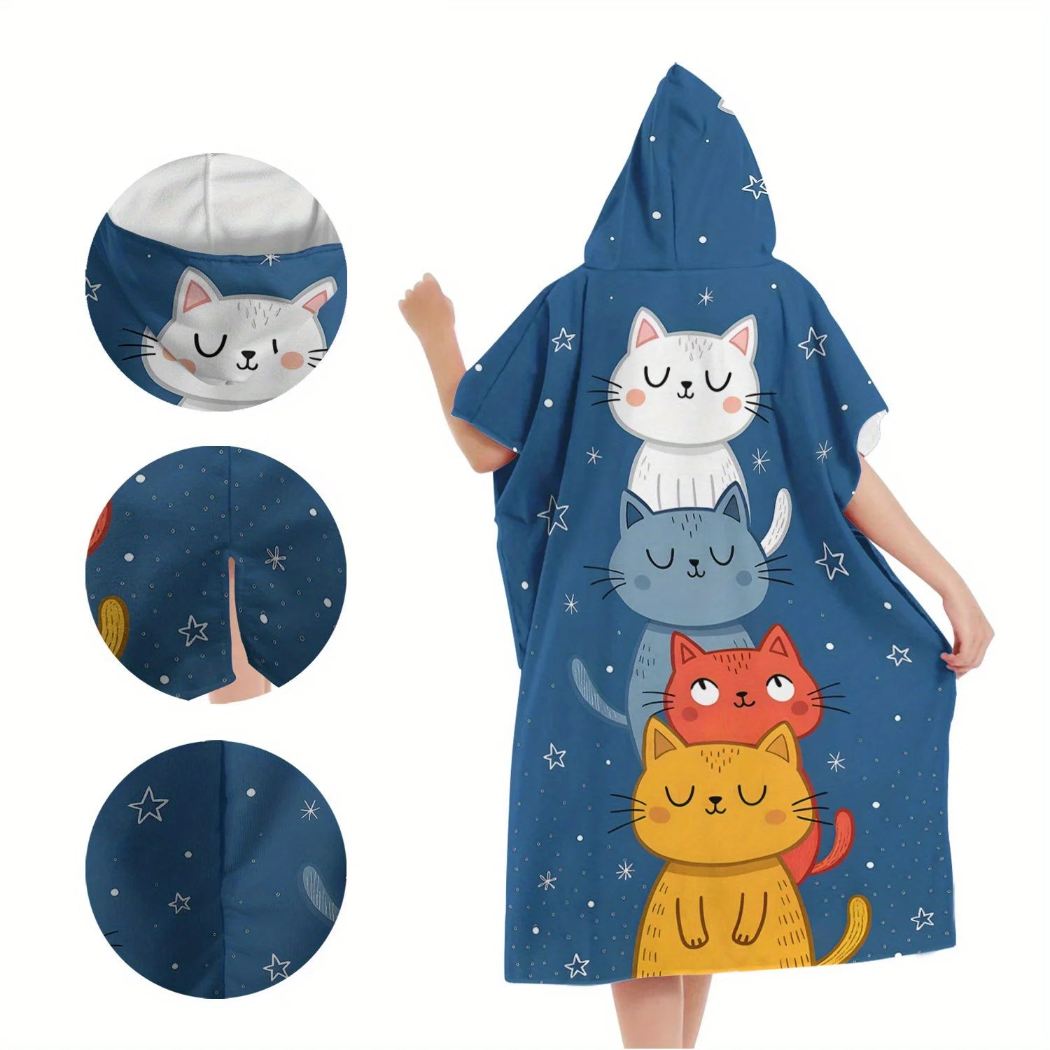 Details van MiniCat kinderponcho met capuchon en kattenprint