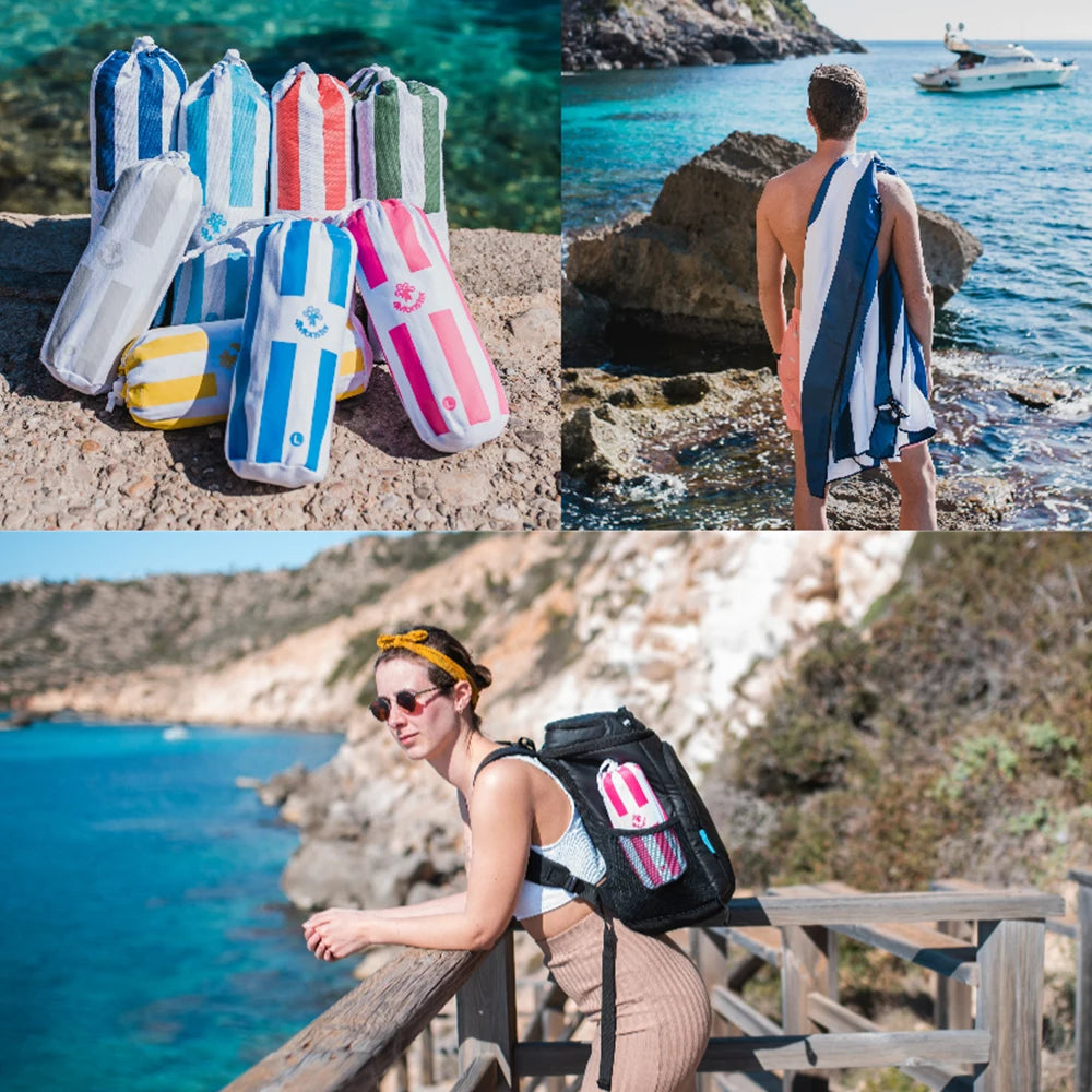 group using striped beach towels outdoor travel and beach use