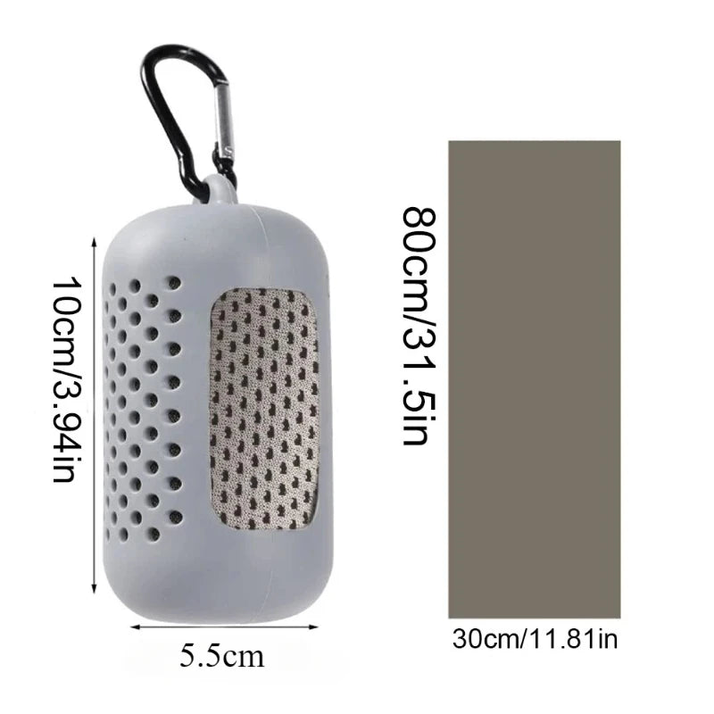 Cooling towel size and silicone case dimensions showing compact portable design