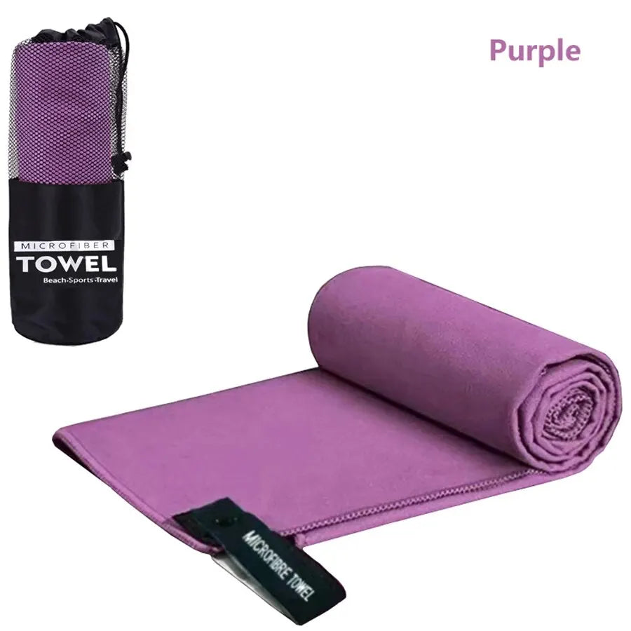 Purple microfibre towel large with pouch, quick dry lightweight gym towel
