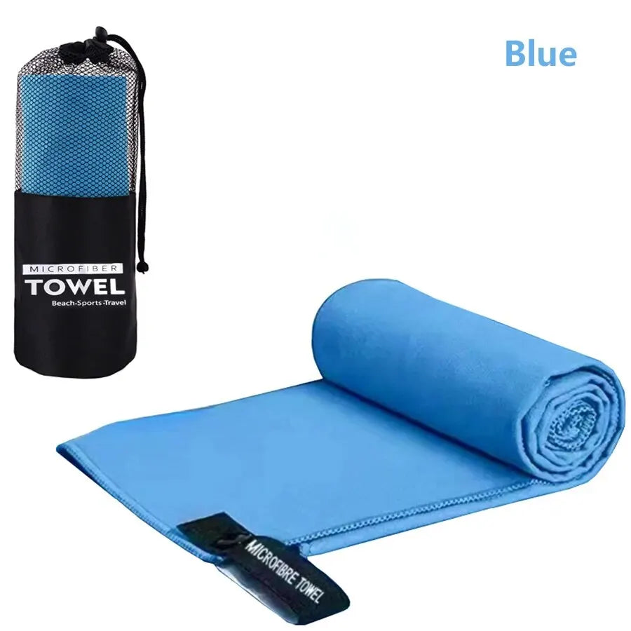 Blue microfibre towel large size with pouch, compact quick dry travel towel
